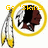 Pixelated icon with yellow circular border, yellow text 'Go Skins', and two stylized figures in black, white, and brown tones.