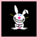 Pixelated bunny with striped body, pink nose, blue eyes, and yellow antennae on black background; adjacent text reads 'aint i cutel' in pixel font.