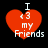 Four identical red heart-shaped icons with white text reading "I <3 my Friends" arranged in a on black background