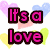 Pixelated text phrases in pink with black outlines over pastel heart shapes on white background.