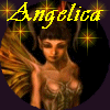 Animated circular icon featuring a winged figure with dark hair, golden wings, and yellow text reading 'Angelica' and 'Fairy' against a starry background.