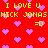 Red background with pink heart shapes and yellow text repeating 'I LOVE U', 'HICK JONAS', and '=O' in pixelated style.