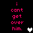 Black background with pink pixelated text reading "i cant get over him." and a white heart symbol, transitioning to gray hearts.