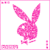 Pink glittery bunny head with bow tie, white background, 'PLAYHATE' text below, small pink squares in corners.