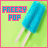 Two side-by-side animated frames of a pixelated blue popsicle icon with text on a green background, showing color variation in the text.