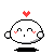 A 3x3 grid of pixel art frames showing a white round character with red blush marks, black eyes, and small ears across eight distinct expressions, each topped by a red heart symbol on a gray background.