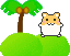 Pixel art of a hamster-like character standing on green hills with trees, showing two expressions in sequence.