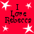 Red background with white star shapes and repeated text "I Love Rebecca" in black pixelated font.