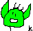 Green pixelated character with large ears and antennae, showing three sequential expressions: open mouth smile, closed-eye grin, and side-tilted head.