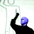 Pixelated static icon showing a black silhouette figure with raised arm holding a blue glowing orb against light green and white background elements.