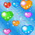 Pixelated heart shapes in various colors float against a blue gradient background with scattered white speckles.