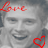 A grayscale pixelated face with red text 'Love' above the head and a red heart outline on the right side.