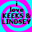 Four identical display "i love KEEKS & LINDSEY" text over cyan and magenta spiral backgrounds with pixelated lettering