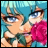 Pixelated anime-style character with turquoise hair and blue eyes, wearing a pink flower accessory, against a black background with white text.