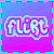 Two side-by-side animated frames of a pixelated buddy icon featuring the word 'flirt' in stylized text with pink and blue outlines against a gradient background, bordered by a checkered pattern.