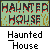 Animated contact sheet of a pixel art haunted house icon showing 12 sequential frames with a yellow stick figure interacting with doors and objects in a gray background.