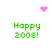 Pixelated green text 'Happy 2003!' appears in four quadrants with pink pixel art elements above and below.
