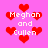 Pixelated pink background with red heart shapes and white text reading "Meghan and Cullen" in multiple positions.