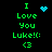 Green pixelated text "I Love You Luke!:( <3" on black background with animated blue heart and starburst icons.