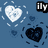 Pixelated blue background with white and dark blue heart shapes, scattered small square fragments, and a black-and-white striped object in the top-right corner.