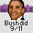 Pixelated portrait of a smiling man with short dark hair, wearing a white shirt and black jacket against a purple background with 'Bush did 9/11' text below.