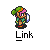 Pixel art contact sheet of Link from The Legend of Zelda series in various poses with sword and shield, displayed as a 3x3 grid on gray background.