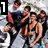 Pixelated group of five people in dynamic poses with one person holding a cello, set against a light background with a large black '1' on the left.