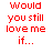 Red pixelated text asks if love persists with big clown shoes, above two white and red star-patterned shoes on a gray background.