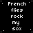 Black background with white pixelated text repeating 'French flies rock my sox' in four , each containing 10 repetitions of the phrase