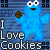 Pixelated blue Sesame Street character holding a cookie with text "I Love Cookies" on left and "me steal cookies" on right in a contact sheet layout