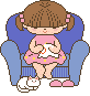 Pixel art of a girl in a pink dress knitting with a white cat on a blue chair, showing subtle animation changes in her hands and the cat's tail.