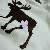 Pixelated dark brown reindeer silhouette with antlers, running pose on light background, holding a small purple heart in its front legs.