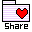 Pixelated red heart inside a folder icon with striped background, text "Share" below in black and cyan lettering.