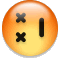 A circular orange-yellow gradient face with two black X-shaped eyes and a vertical black line mouth, rendered in pixelated style.