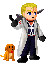 Pixel art character with blonde hair and blue eyes in white lab coat, dark pants, black gloves, holding black gun, standing next to small brown dog on gray background.