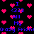 Pixelated animation of blue text and pink hearts on black background, with repeated phrases and heart symbols.