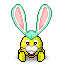 Pixelated yellow bunny with pink inner ears and white muzzle, wearing a light green headpiece, in multiple poses including waving and helicopter motion.
