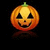 Pixelated orange pumpkin with green stem, triangular eyes, and smiling mouth on black background; text "HAPPY HALLOWEEN" appears in white block letters.