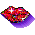 Four pixelated frames of a red lips icon with purple shadows on gray background, showing slight animation changes in highlights and color variation across frames.