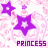 Animated contact sheet showing 10 frames of a pink and purple star-themed buddy icon with changing text, featuring repeated 'PRINCESS' variations and one frame with 'PRINCE-5'.