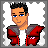 A 48x48 pixel animated contact sheet with three visible frames showing a cartoon character and two text banners on red cloud-shaped backgrounds.
