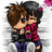Two pixelated anime-style characters embrace, one with brown hair and black clothing, the other with dark gray hair and a pink top.