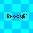 Four identical pixelated text labels 'BrodyE1' on a blue checkered background with diamond-shaped patterns.