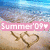 Pixelated beach scene with blue sky, sand, and a heart drawn in the sand beneath pink text reading 'Summer '09'