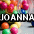 Pixelated image with bold white text 'JOANNA' on black background, surrounded by colorful pixel clusters in pink, orange, green, blue, and yellow.