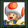 Pixel art character with white mushroom cap, red spots, blue shirt, yellow cape, and open mouth holding a blue object against white background.
