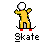 Pixelated yellow figure with white head and red feet on black skateboard performing various skateboarding actions under gray background.