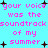 Pixelated cyan background with pink text repeating 'your voice was the soundtrack of my summer' and black cross-shaped stars scattered throughout.