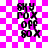 Pixelated text on a pink and white checkered background with animated light effects, showing four identical of 'SKY FOX OFF 80 X' in black block letters