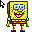 Pixelated yellow cartoon character with blue eyes, red cheeks, and brown shorts in two poses: left pose arms at sides, right pose raised hands.